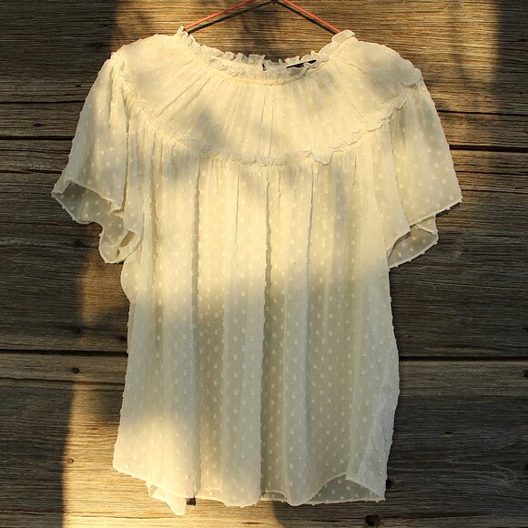 'J. Crew' white gathered bib swiss polka dots sheer top - Picture 1 of 8